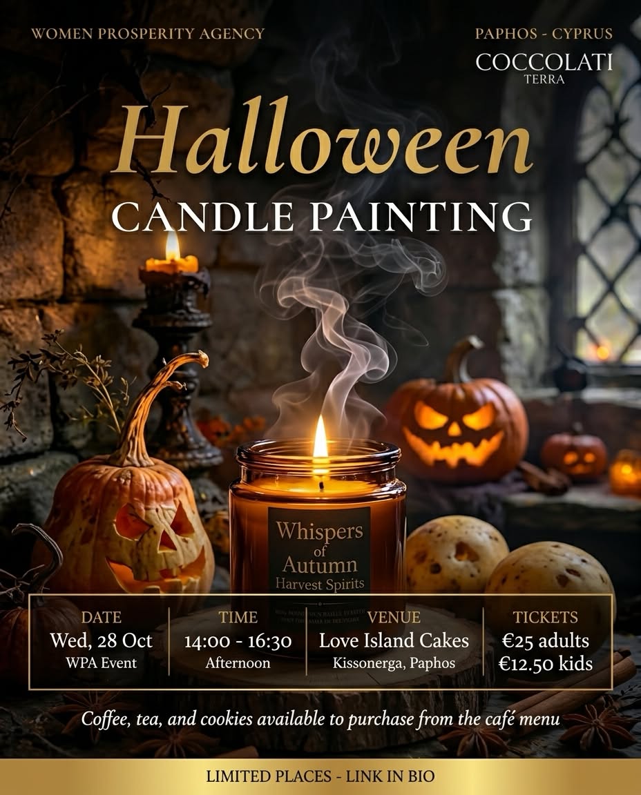 Natural Halloween Candle Painting poster — Wednesday 28 October, Love Island Cakes, Kissonerga