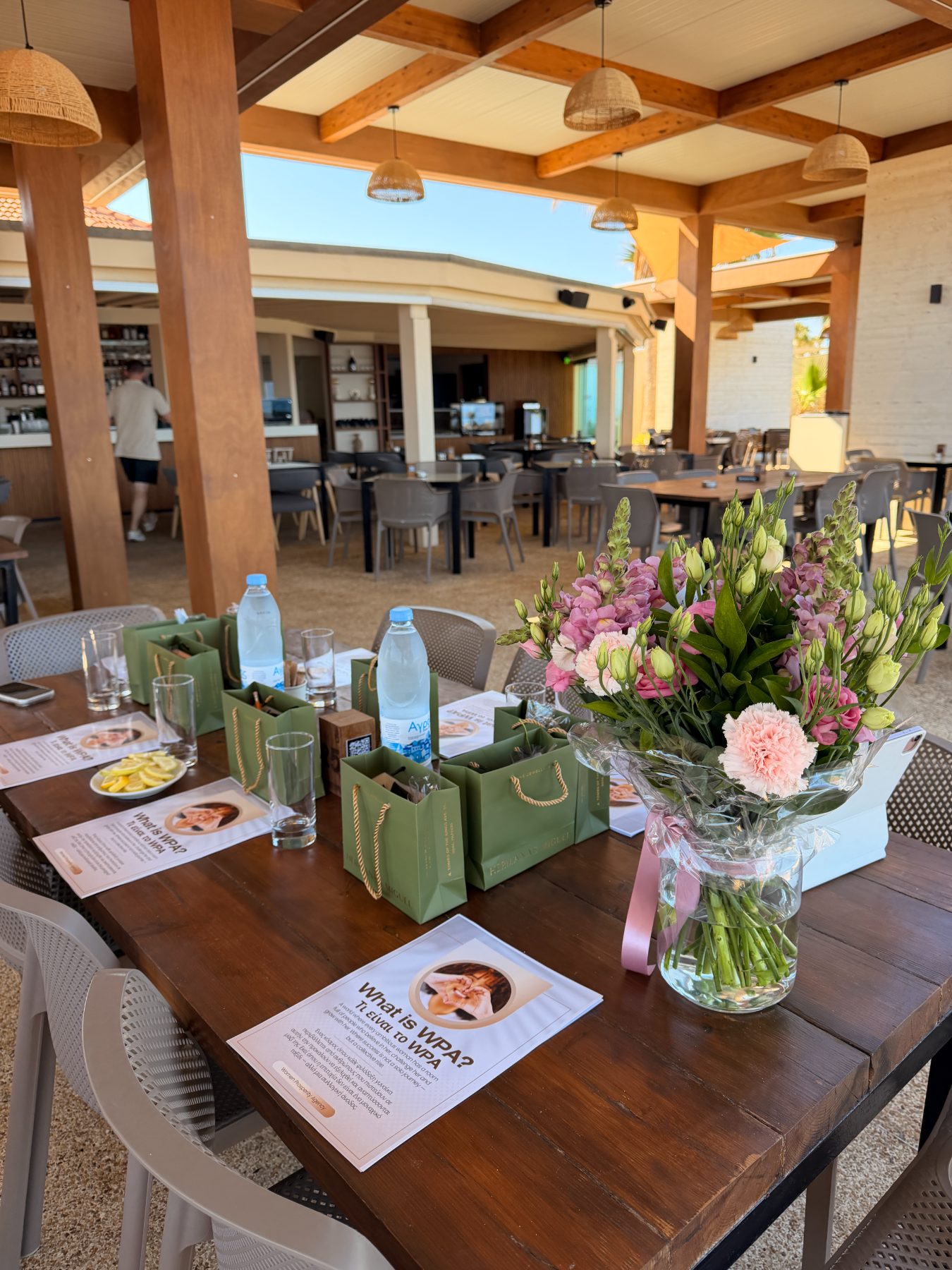 The table set with WPA welcome cards and gifts